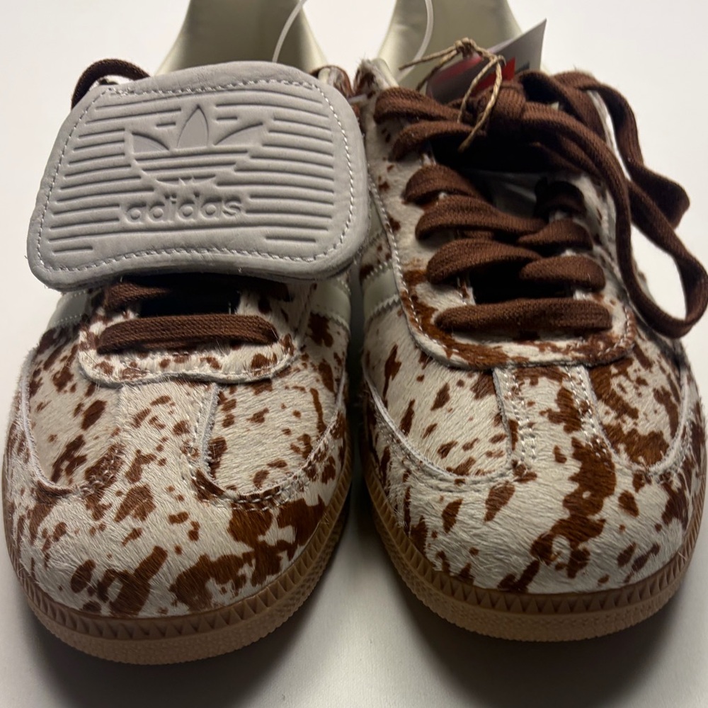 adidas Women's White and Brown Cow Print Samba Sneakers - Picture 3 of 13